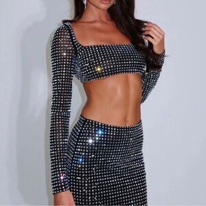 White Fox Boutique Black Rhinestone Backless Crop Top & Skirt Set
